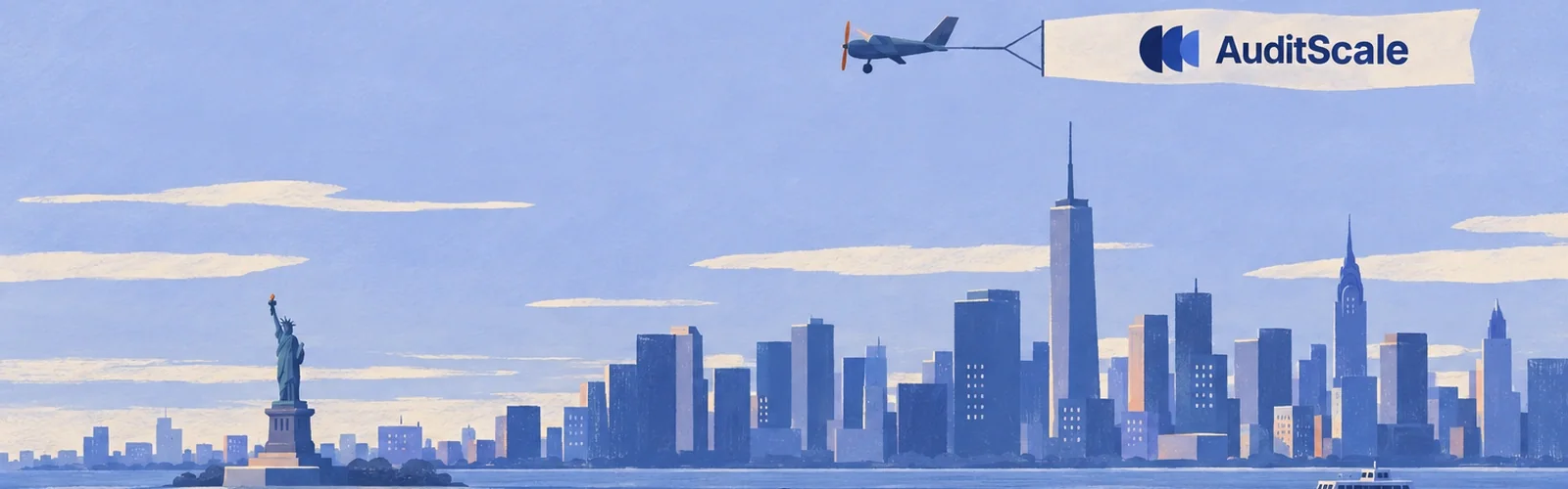 Avioneta con un cartel de AuditScale sobre el perfil de Nueva York