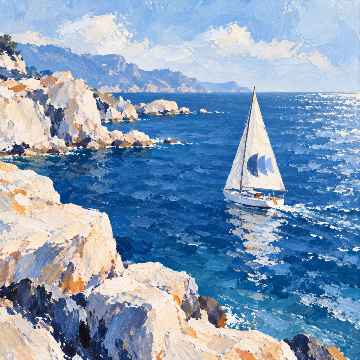 Velero navegando junto a una costa rocosa