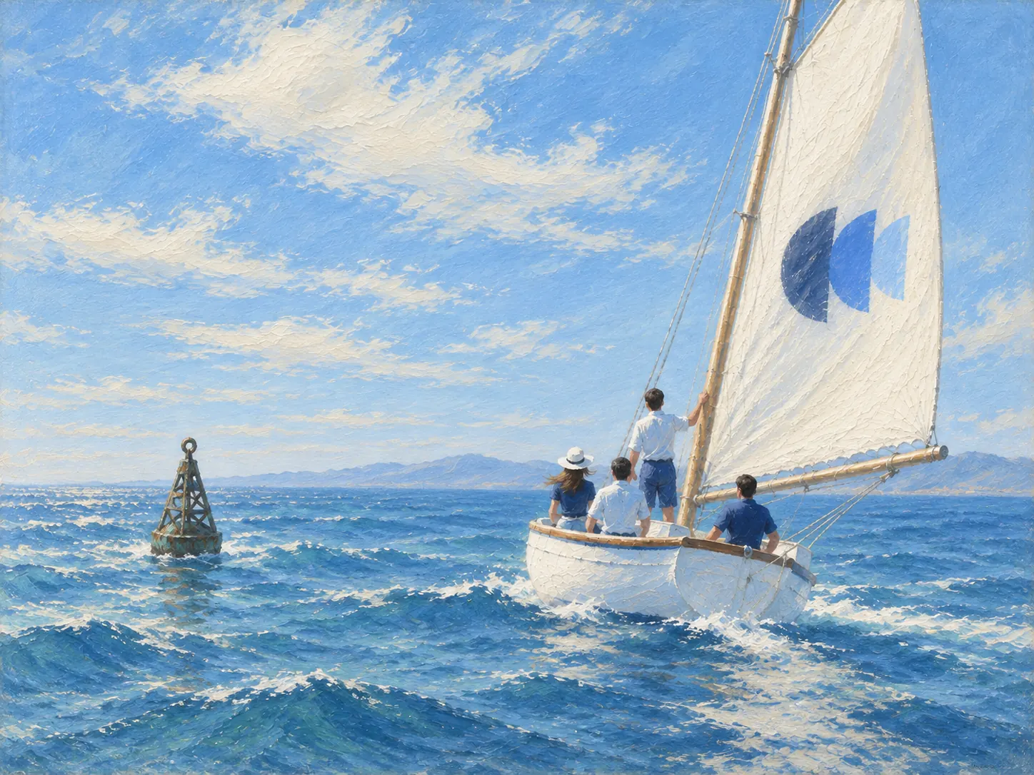 Velero con su tripulación navegando hacia una boya