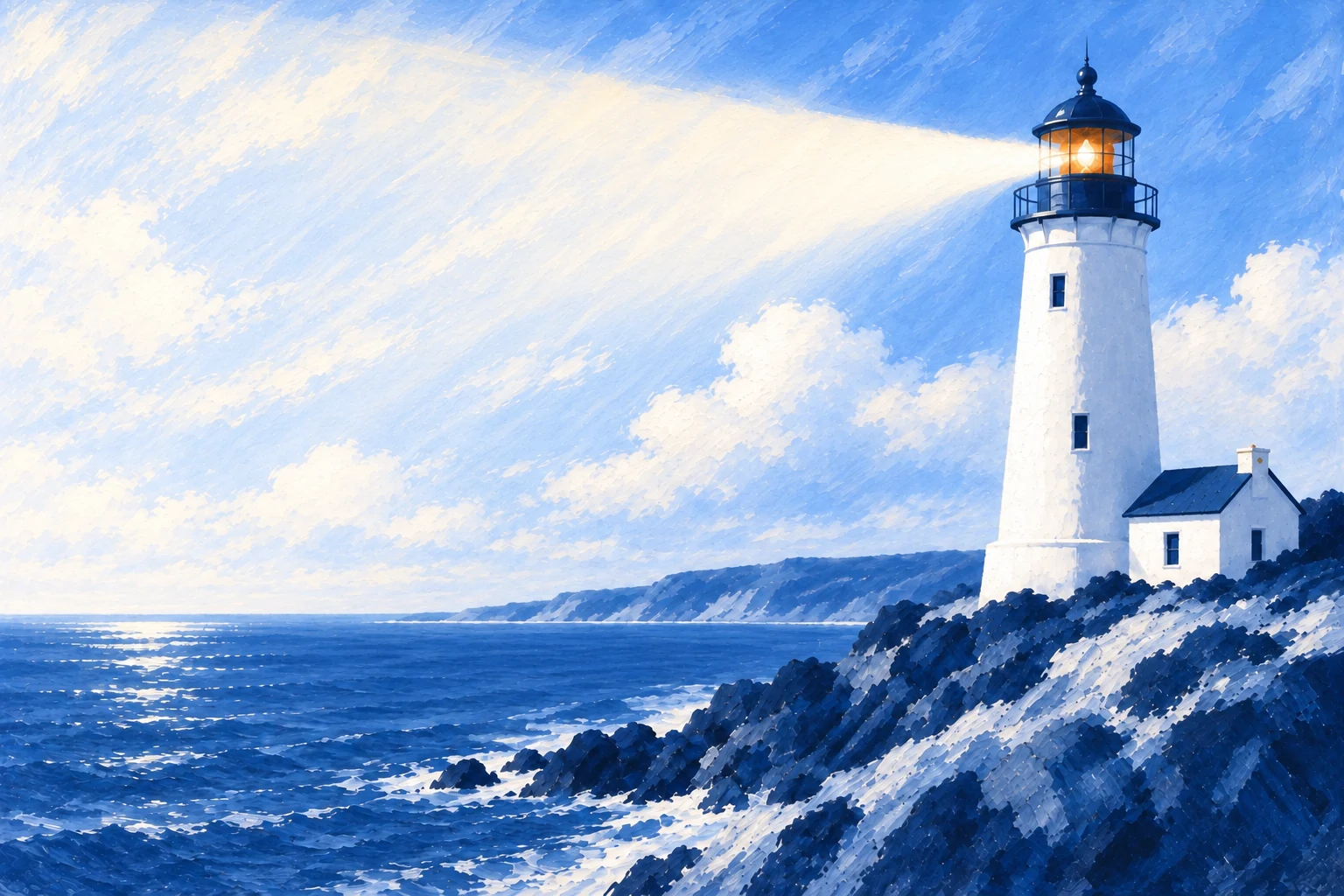 Faro encendido sobre un acantilado junto al mar