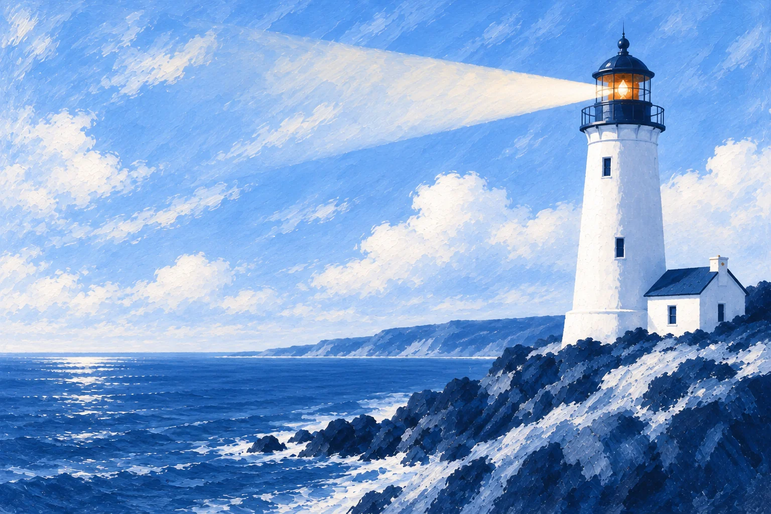Faro encendido sobre un acantilado junto al mar